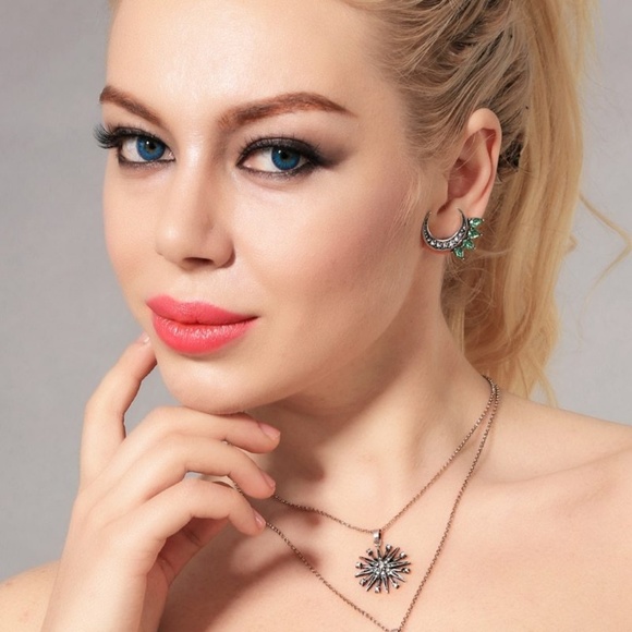 Green Leaf Crescent Moon Earrings Silver - Picture 5 of 7